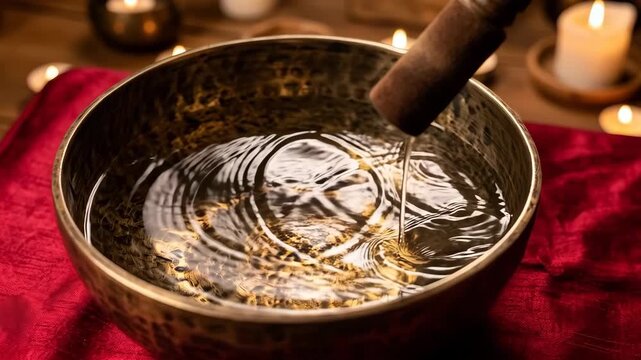 Tibetan singing bowl filled with water creating ripple pattern on red cloth surrounded by candle