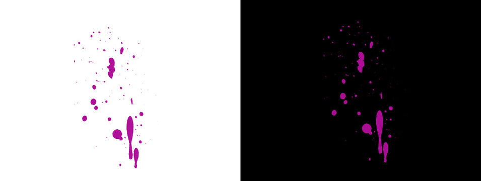 Vertical Purple Ink Splash with Scattered Droplets and Fine Spray on White and Black Backgrounds, Dual View Abstract Paint Explosion