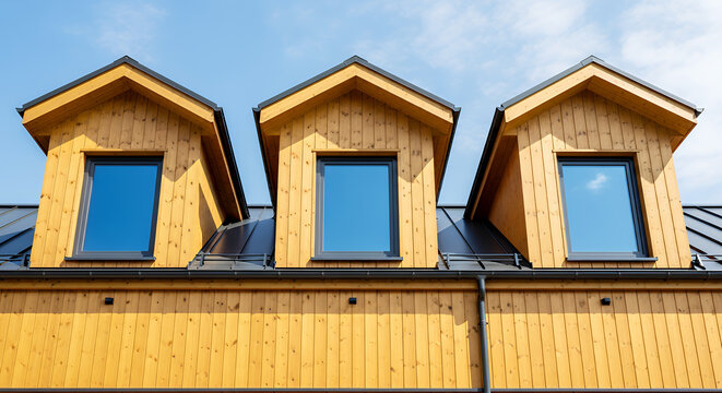 Three wooden dormer windows with blue sky background wooden dormers yellow siding