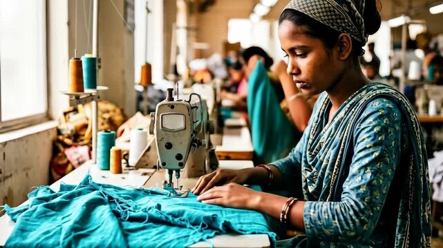 Young woman sewing turquoise fabric at industrial machine in busy garment factory