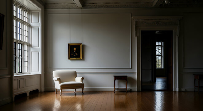 Empty room with white armchair framed portrait on wall and wooden floor large window