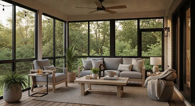 A cozy screened-in porch with comfortable furniture and lush greenery outside