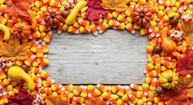 A vibrant autumnal arrangement of candy and pumpkins on a wooden background