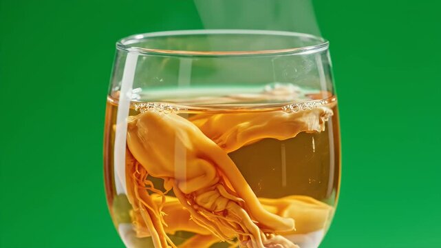 Close up of a whole American Ginseng root steeping in hot amber liquid in a clear glass with steam rising against a vibrant green background ideal for commercial food advertising