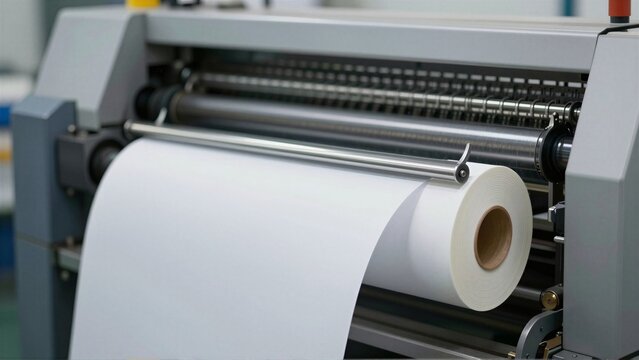 Close-up of a professional industrial laminator machine processing a large roll of white paper. The high-tech equipment is used for large format printing and material coating in a factory