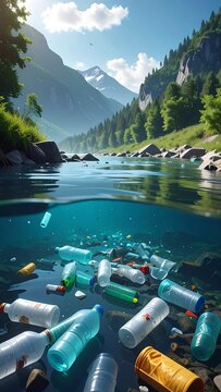 A serene mountain river is marred by submerged plastic waste. The split view shows above and below the water's surface. Lush green vegetation flanks the waterway
