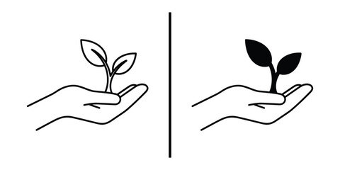 Hand holding young plant sprout icon set for environmental protection and growth. © Vectorzone