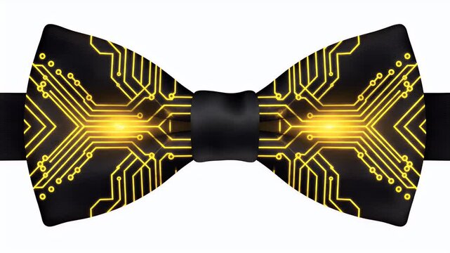 A stylish black bow tie features a detailed circuit board pattern in gold, creating a unique and modern accessory against a clean white background.