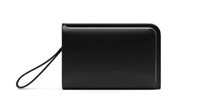Black leather clutch purse with wrist strap on white background
