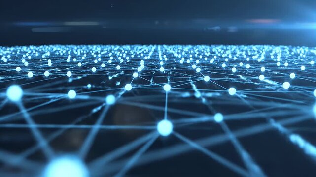 A futuristic abstract image depicts a glowing network of interconnected nodes and lines against a dark background, symbolizing data, connectivity, and complex systems.