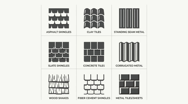 A set of roof material icons in a flat vector style.