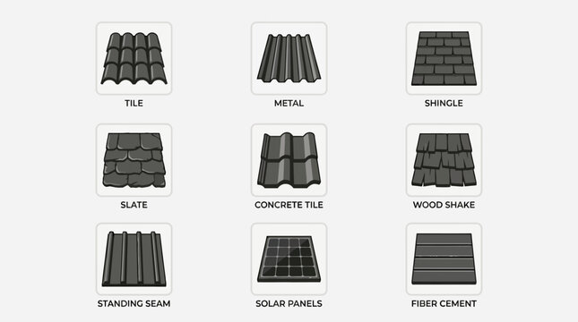 A set of roof material icons in a flat vector style.