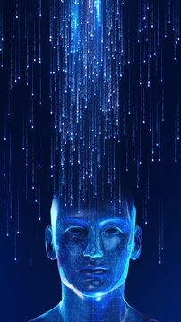 Artificial Intelligence Concept Human Head Digital Data Streams wireframe digital human face blue data particles binary code raining down. AI consciousness, machine learning, future technology. 3D