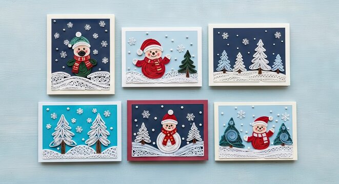 A collection of handmade Christmas cards with snowmen and trees