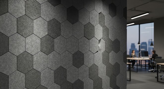 Modern interior design with hexagonal wall panels in an office space.