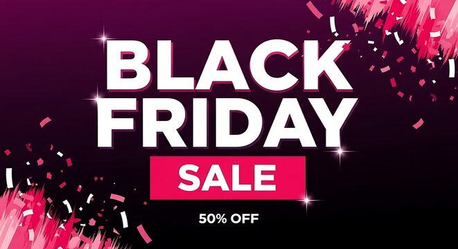 Black friday sale advertisement with vibrant pink and sparkling elements