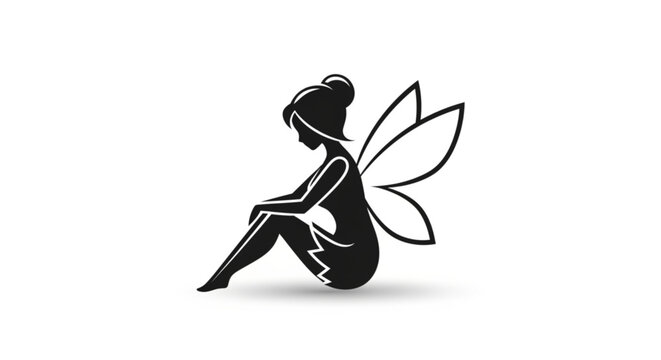 Black silhouette fairy sitting wings spread vector art