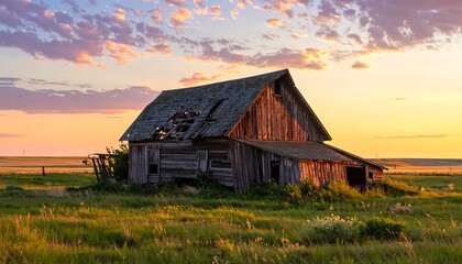 Fototapeta premium A weathered barn at sunset in a serene rural landscape