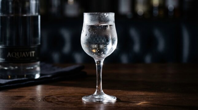 Glass of water with bubbles on wooden table in bar setting  