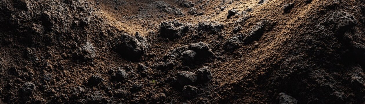 Dark, textured soil with small clumps and shadows, highlighting the rough and uneven surface of fertile earth.