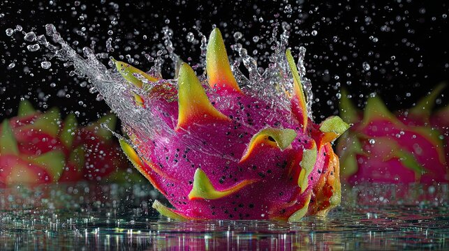 A vibrant dragon fruit splashes into water, creating dynamic droplets against a black background.