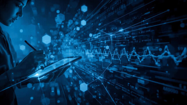 Abstract digital technology and AI concept. A woman using digital tablet with glowing blue ai circuit interface and binary data overlay.