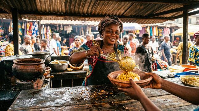Smiling woman serving traditional food at a bustling African street market stall