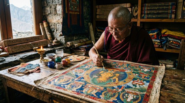 Tibetan monk carefully restoring ancient thangka painting in mountain monastery studio