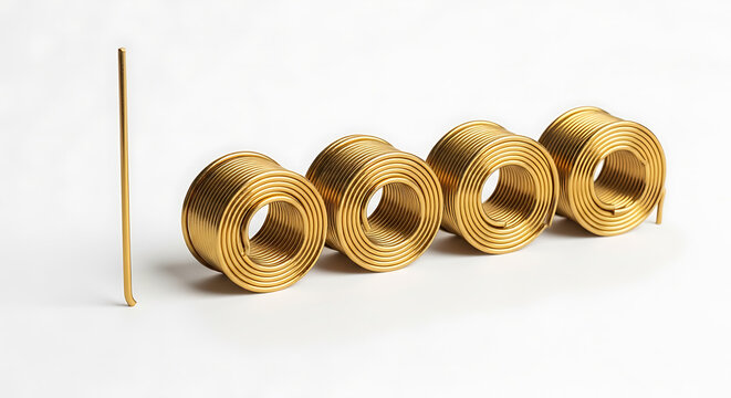 Golden wire coils and single wire on white background for industrial use