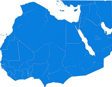 A flat, filled-in, blue map showing the geographical borders of countries in the Middle East and North Africa, with white border lines