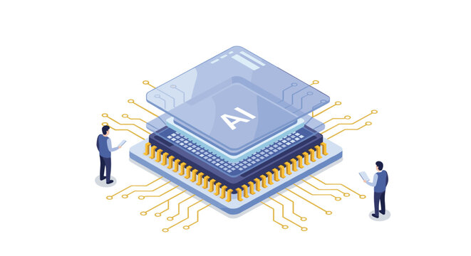 Artificial intelligence and advanced microprocessor technology concept with two people inspecting a computer chip with the ai label on the top.