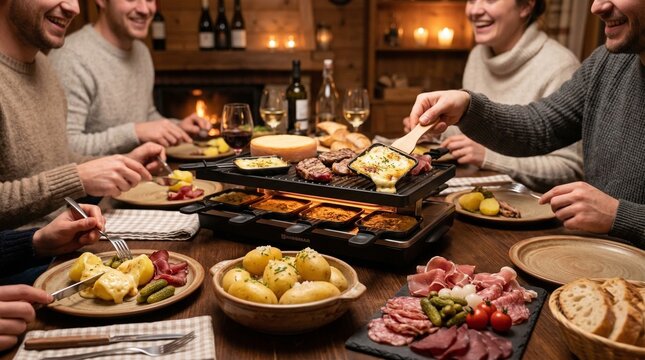 Friends enjoying a cozy raclette dinner at wooden table indoors  