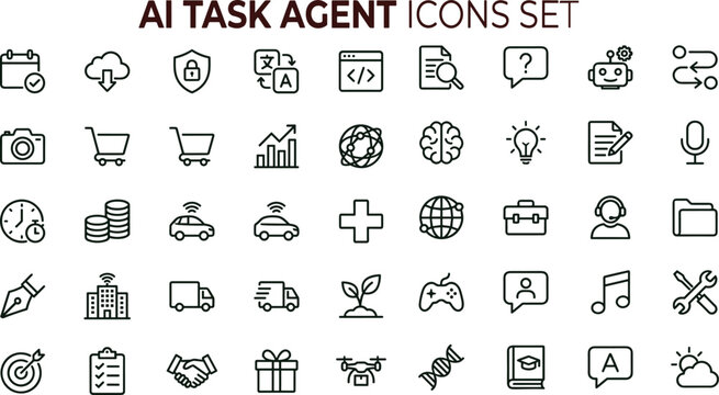 AI task agent outline vector icon set for automation workflow interfaces applications dashboards productivity tools and digital services