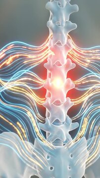 Lower back pain spine lumbar vertebra spinal nerve sciatica inflammation anatomy healthcare 3d render medical glowing nerve signal around vertebra education concept for back pain