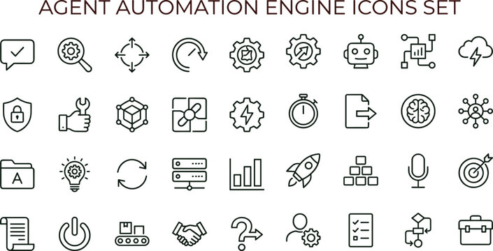 Agent automation engine outline vector icon set for workflow technology interfaces dashboards artificial intelligence systems and digital business management