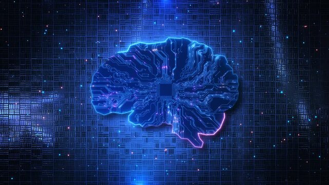 Artificial Neural Network Digital Brain Animation circuit board shape of human brain. Pulses of light travel pathways synaptic responses AI processing. for medical tech 3D Neurology AI Focus