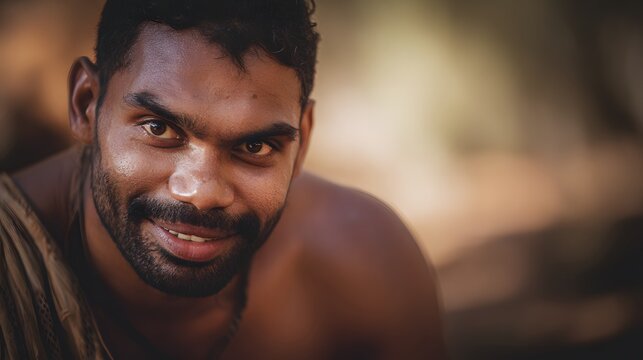 Warm portrait of an Aboriginal Australian man sharing a genuine welcoming smile and peaceful presence