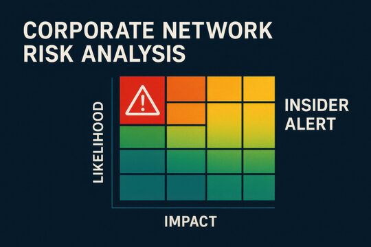 Corporate network risk analysis dashboard shows critical insider alert. This security technology concept uses grid to visualize threat impact and likelihood for urgent review