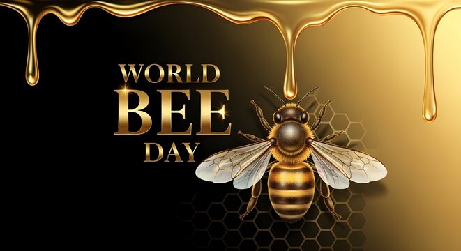 A bee in flight on World Bee Day with honey dripping down