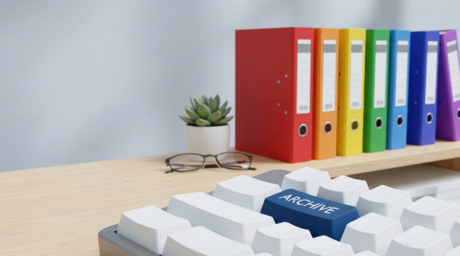 Professional office desk with keyboard featuring blue archive button for data storage. This organization concept for business uses colorful folders for an efficient system