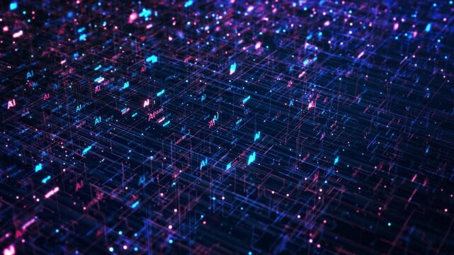 Artificial Intelligence Data Network Grid Animation, Futuristic digital grid AI connections machine learning big data processing. for technology presentations, software visuals, innovation promos 3D