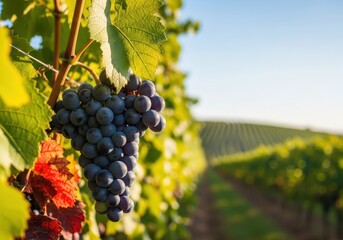 Fototapeta premium Ripe purple grapes hanging from the lush green vines during the beautiful autumn harvest season, ready for collection in a sunny vineyard landscape, sweet, industry, vineyard