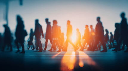 Fototapeta premium Silhouettes of people crossing street with warm sunset light. Urban lifestyle concept showing movement, city life, and daily activity.