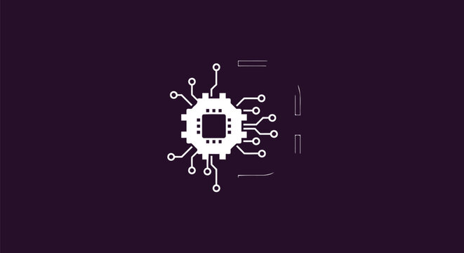 White Microchip Processor on Dark Purple Background, Technology Concept.