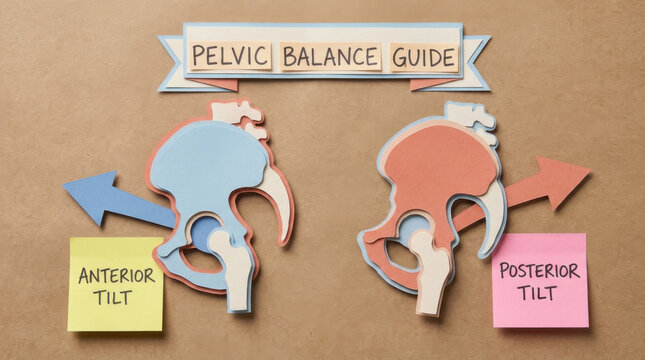 Educational anatomy diagram of pelvic balance. This helpful guide shows comparison of anterior tilt versus posterior tilt for posture correction and medical wellness