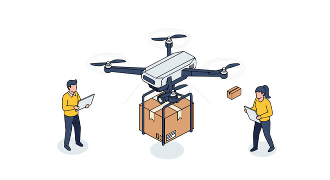 Logistics team operates a large hexacopter delivery drone carrying a cardboard package using digital tablets.