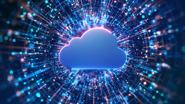 Integrated Cloud Computing Data Network Technology Background in Digital Vortex swirling tunnel of digital data light. Perfect for cloud storage, saas platforms, and decentralized database management.