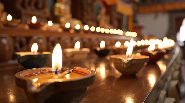 Many traditional oil lamps with flickering flames arranged in rows inside a dimly lit temple or monastery.
