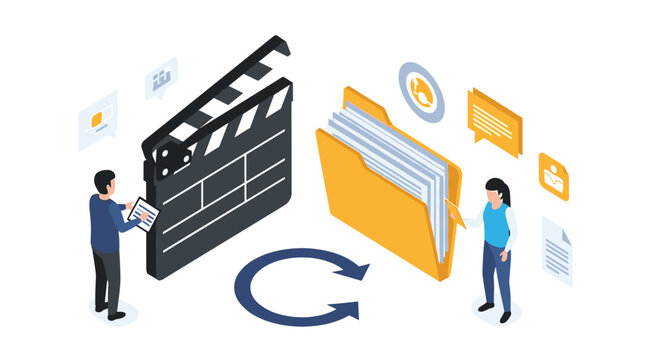 Media production professionals manage video files and documents using a large clapperboard and digital folder system.