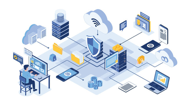 Detailed network infrastructure diagram showing cloud storage, cybersecurity, mobile devices, and server connections.